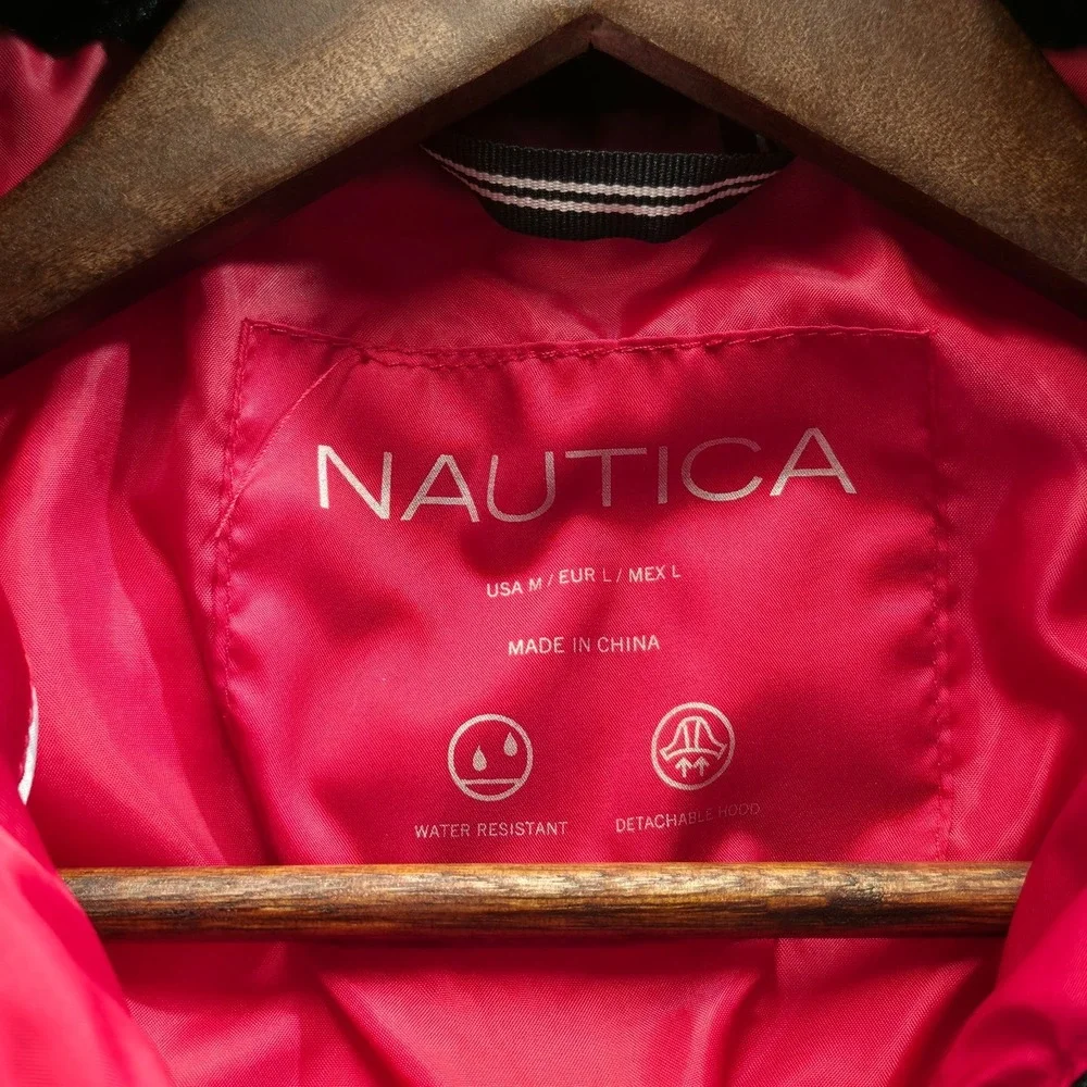 Nautica Women's Red Quilted Puffer Jacket – Faux-Fur Collar Hooded‎ Size Medium